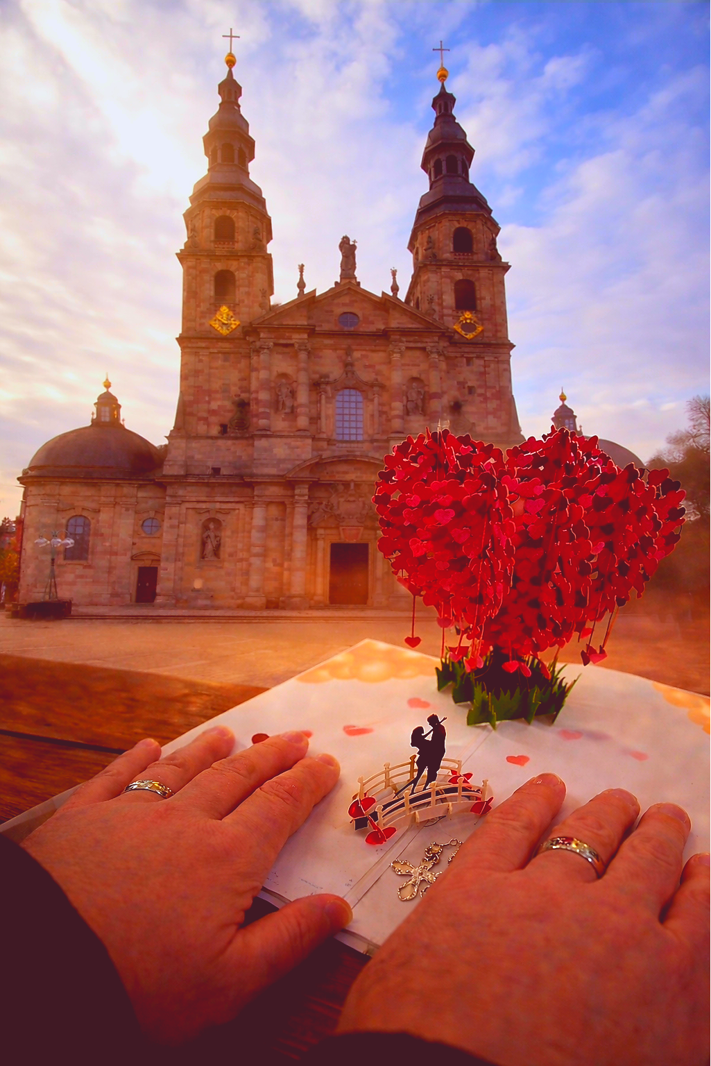 Fuldaer Dom und ein stiller Moment im inneren mit Händen, Ringen und Herzsymbol als Zeichen für Verbindung und Neubeginn