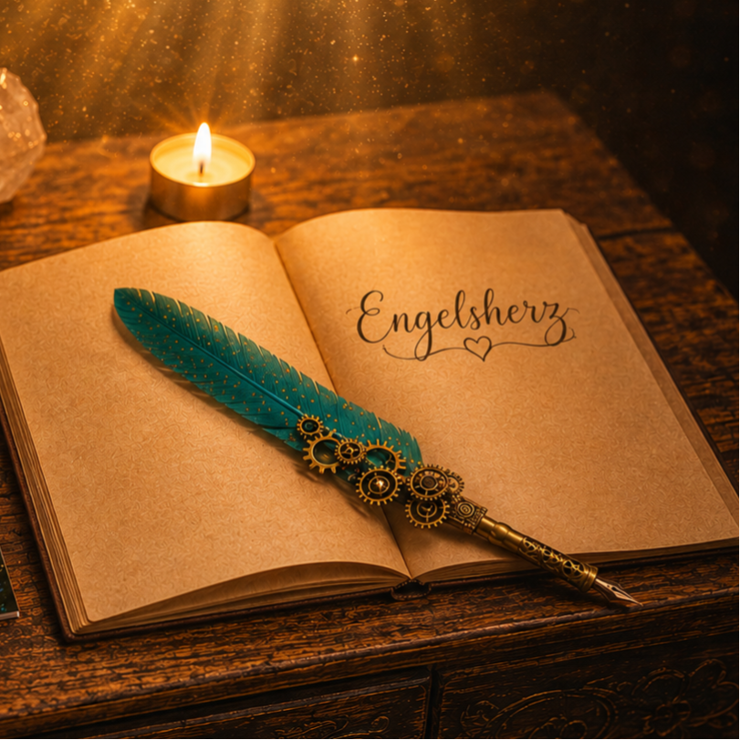 Warmes stimmungsvolles Bild mit dem Buch ,,Solaras Reise zum Mut", einem geöffneten Notizbuch mit dem Wort ,,Engelsherz" einer türkisfarbenden Feder, Kerzenlicht und goldenen Lichtstrahlen auf einem dunklen Holztisch