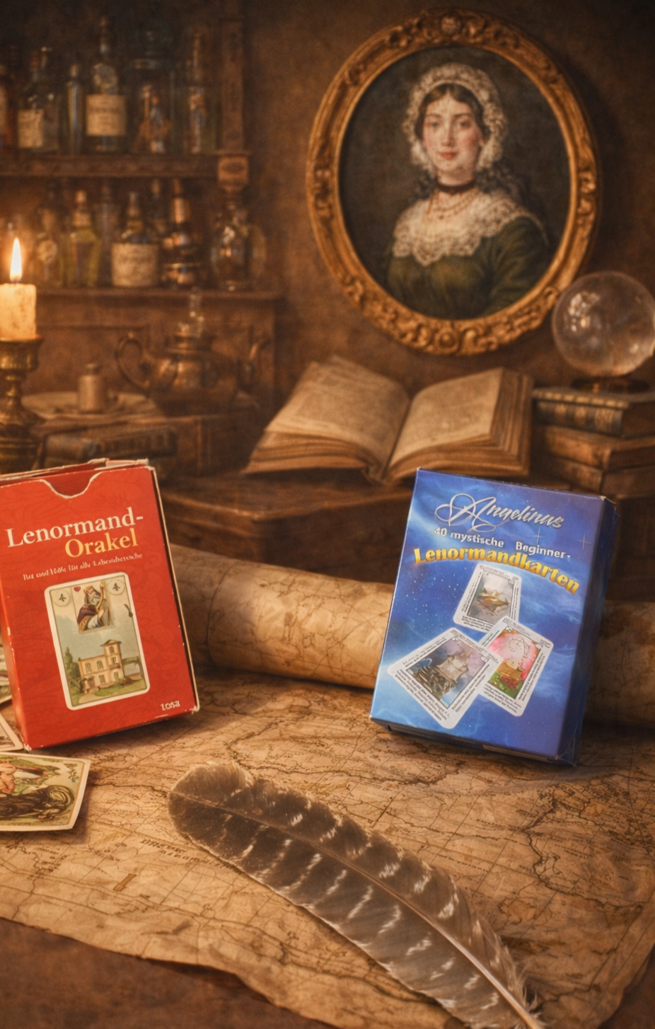 Lenormandkarten auf einem antikem Tisch mit Feder und alten Büchern, als Symbol für klare Botschaften, Deutung und klassische Kartenlegung.