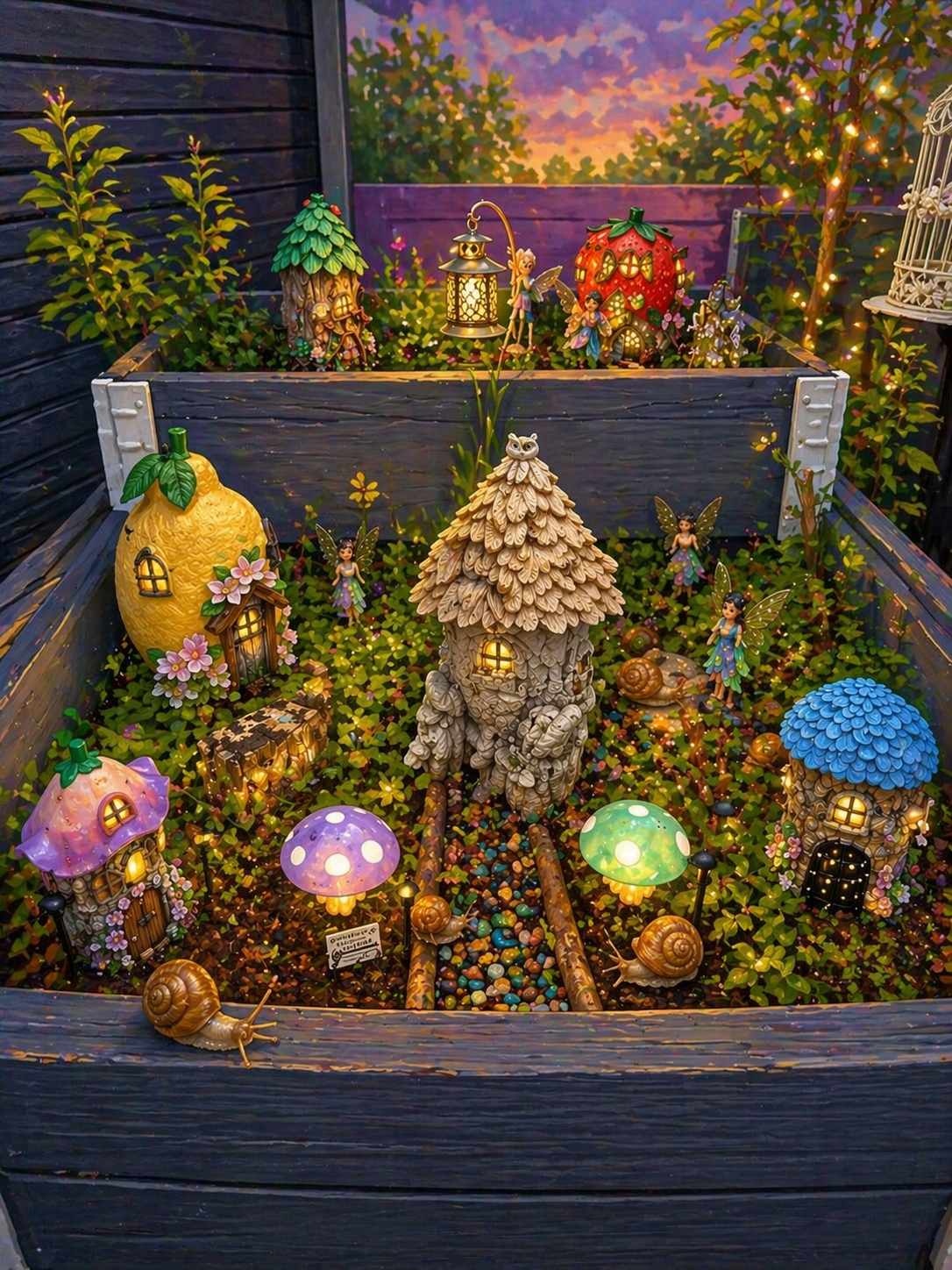 Magisches Feenhäuschen mit Schnecken und Feen im Garten, warm beleuchtet und liebevoll gestaltet