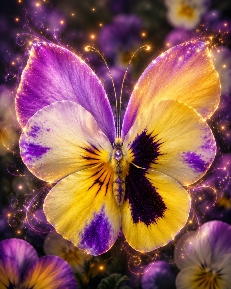 Leuchtender Blütenschmetterling aus lila, goldenen und weißen Stiefmütterchen mit funkelnder Fantasie-Magie und warmen Lichtspuren vor einem, verschwommenen Blütenhintergrund.