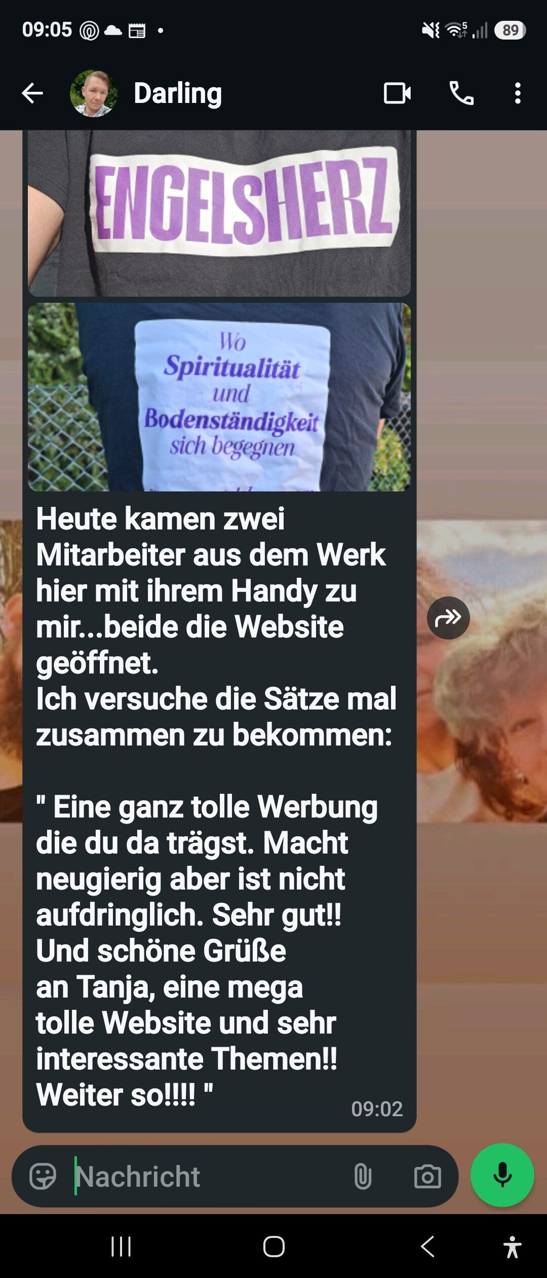 WhatsApp-Nachricht von Arne mit einer positiven Rückmeldung zu Engelsherz und meiner Website.