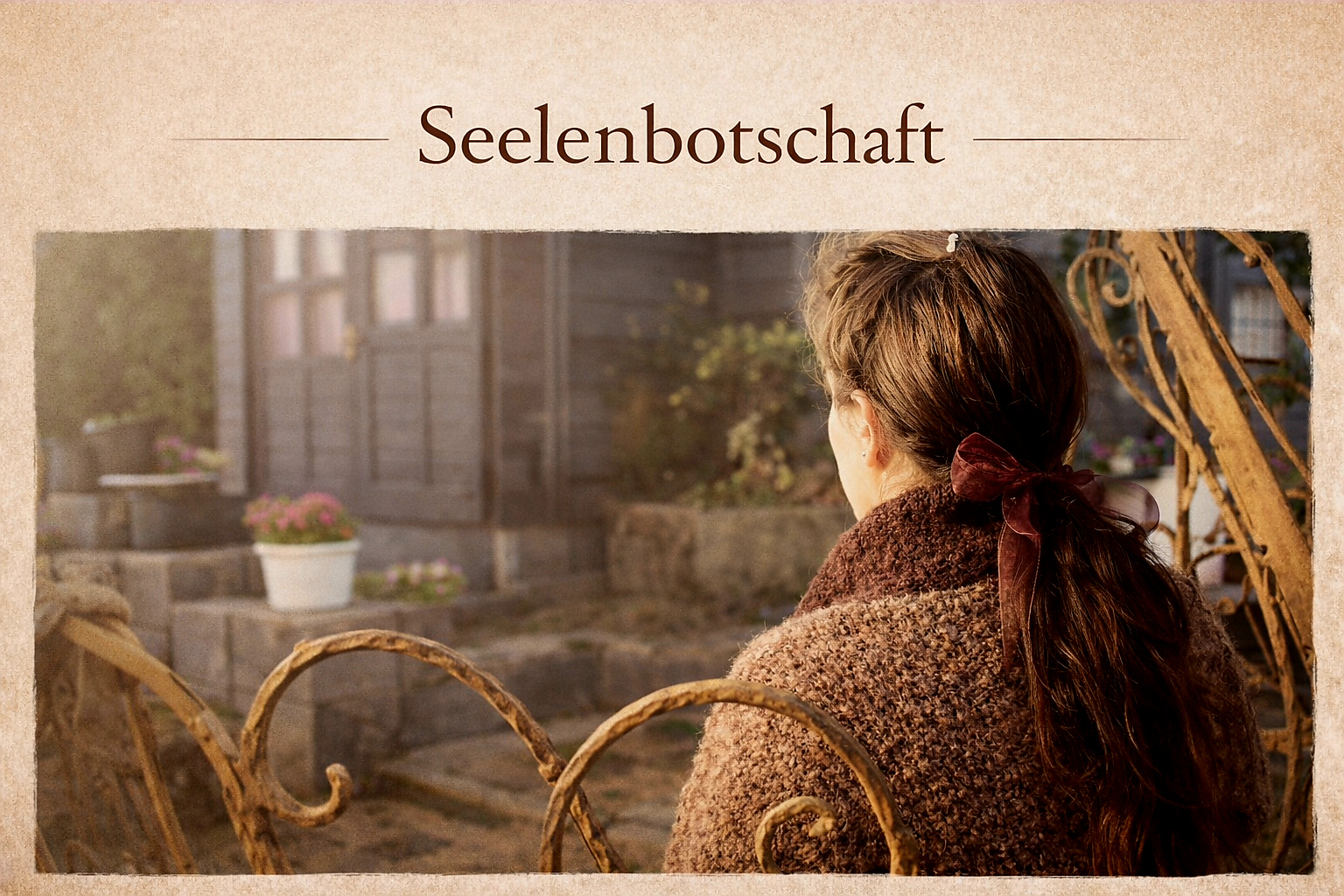 Frau sitzt im warmen Licht vor Haus - Symbolbild für persönliche Seelenbotschaft & Kartenlegung