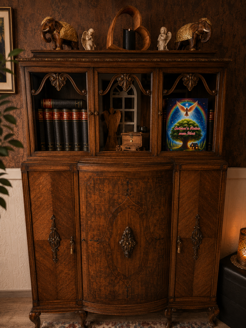 VintaHolzschrank mit dem Kinderbuch Solaras Reise zum Mut zwischen klassischen Büchern und Engelsfiguren. Fantasievolles Mitmachbuch über Mut, Hoffnung und magische Abenteur für Kinder.ge 