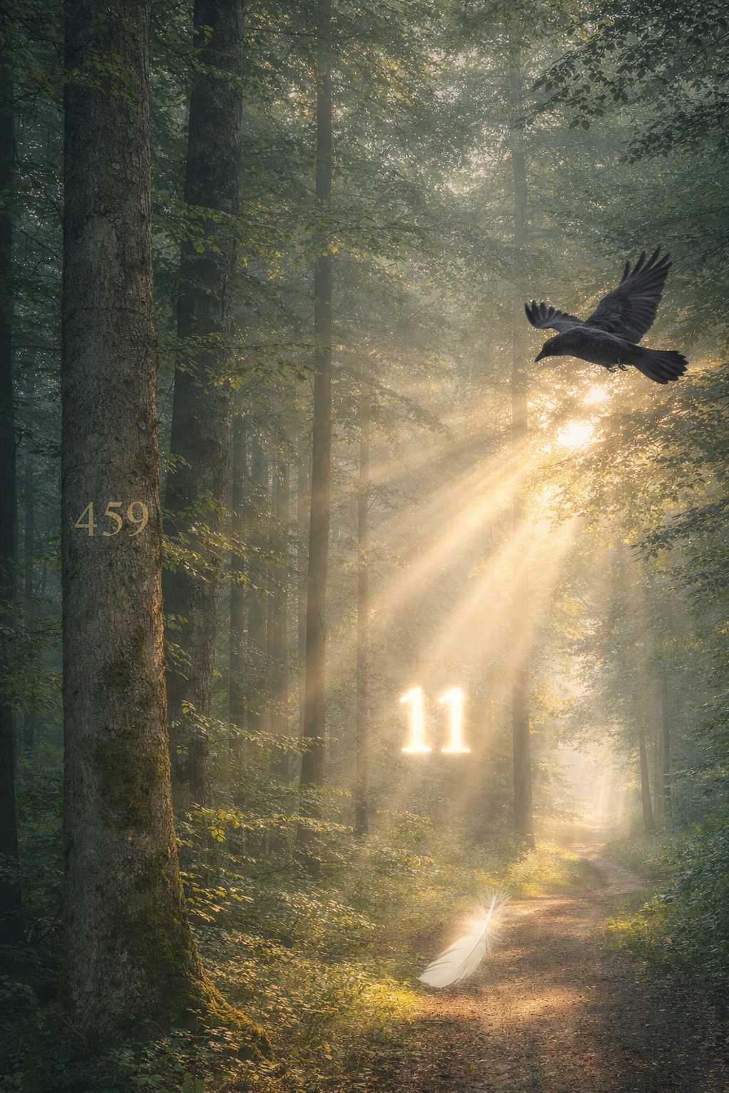 Mystischer Wald mit Sonnenstrahlen und spirituellen Symbolen wie Feder, Rabe und den Zahlen 459 und 11, die für Zeichen, WEandel und innere Führung stehen.