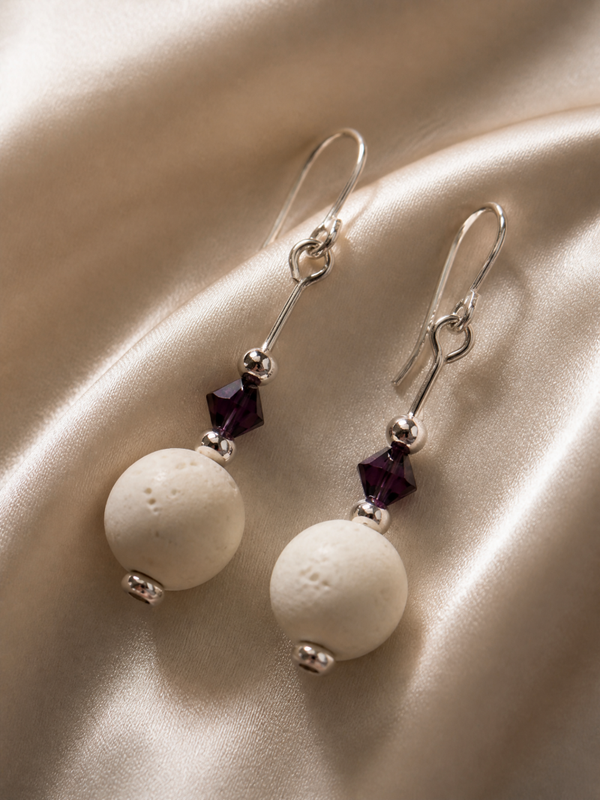White llama beans with purple crystals earrings