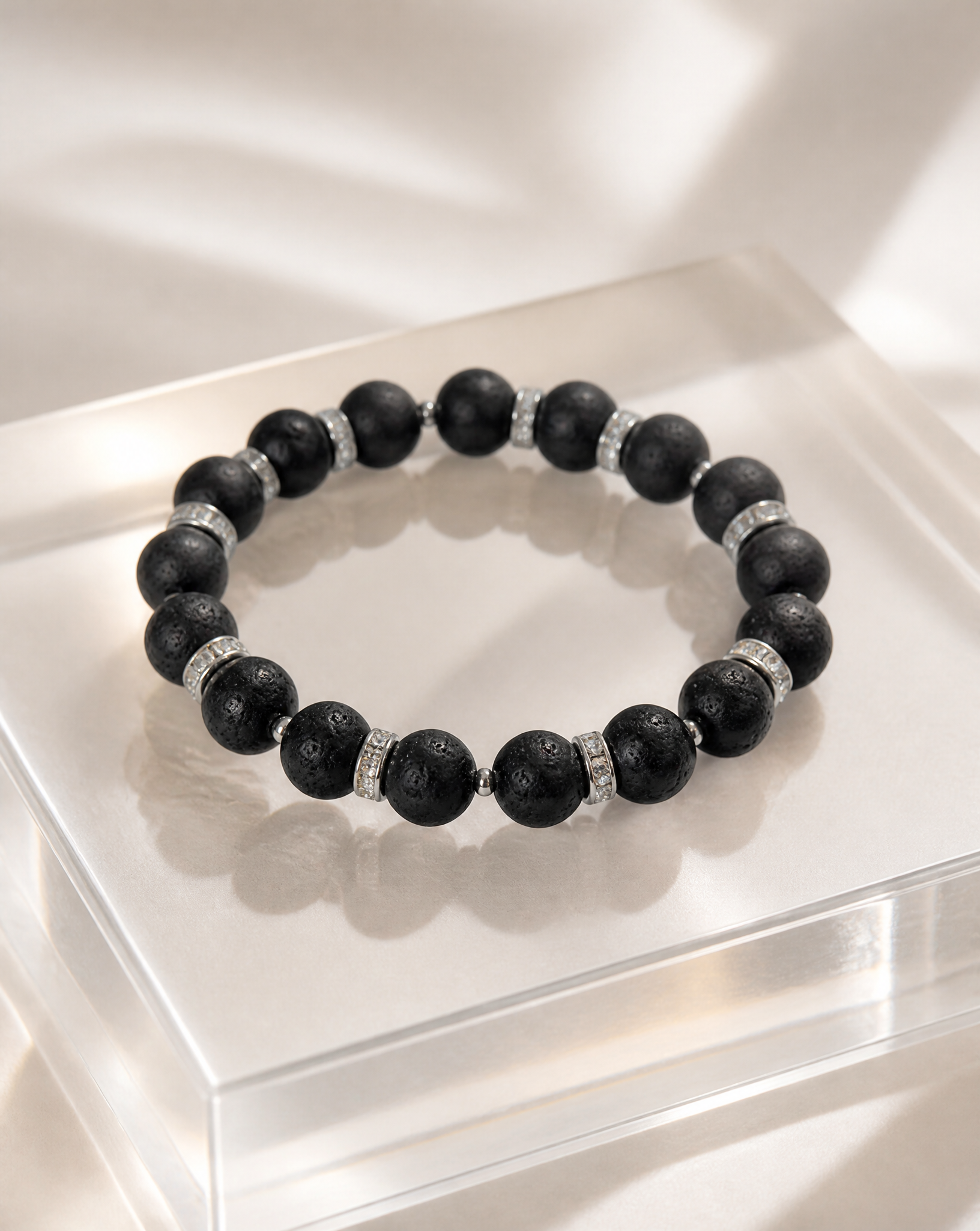 10mm Lava beads with silver rhinestones