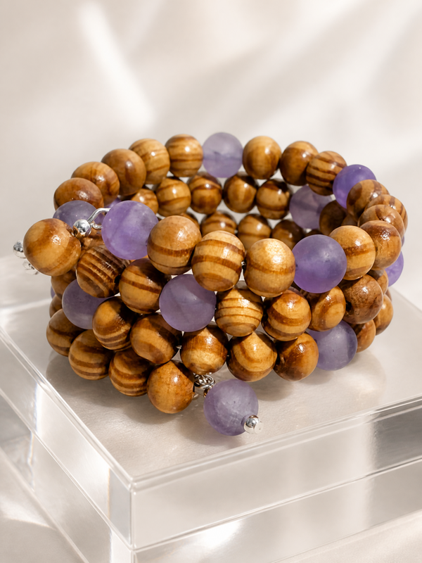 Aquamarine and Wood Beads Wrap bracelets