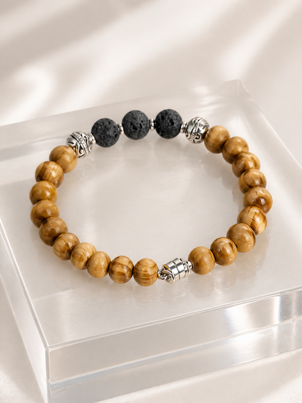 Black Lava, Wooden Bead sand Silver Accents