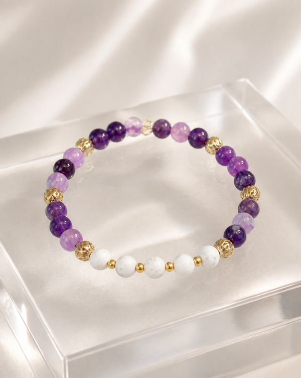 6mm White Lava and Amethyst beads with Gold Accents Bracelet