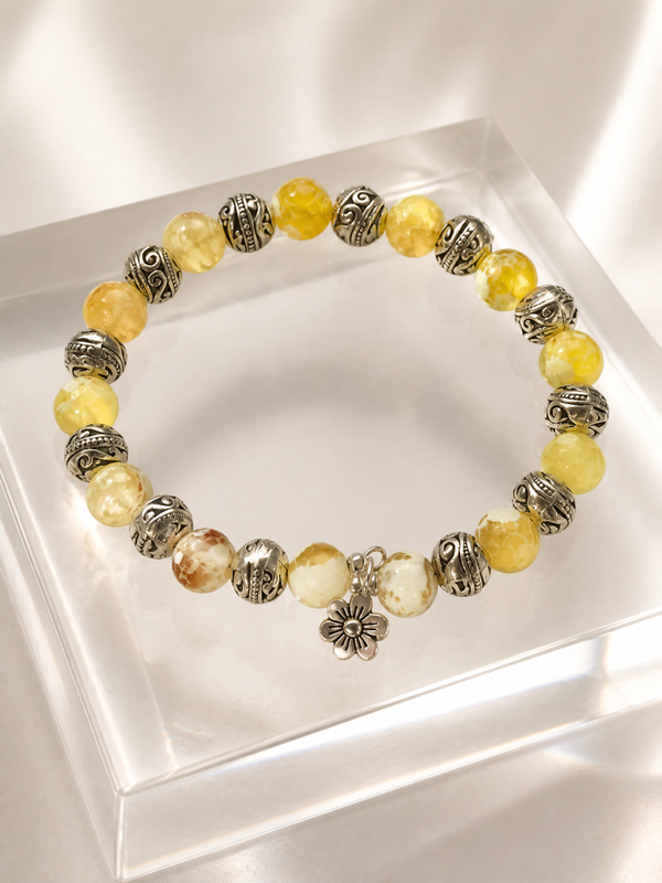 Fire Yellow Agate with Silver Accents and a Flower Charm.