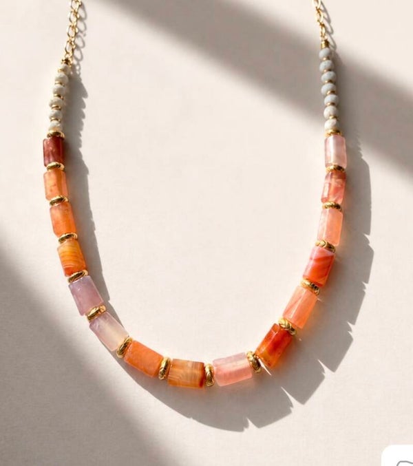 Carnelian Agate and white  Lava Beads with Gold Accents