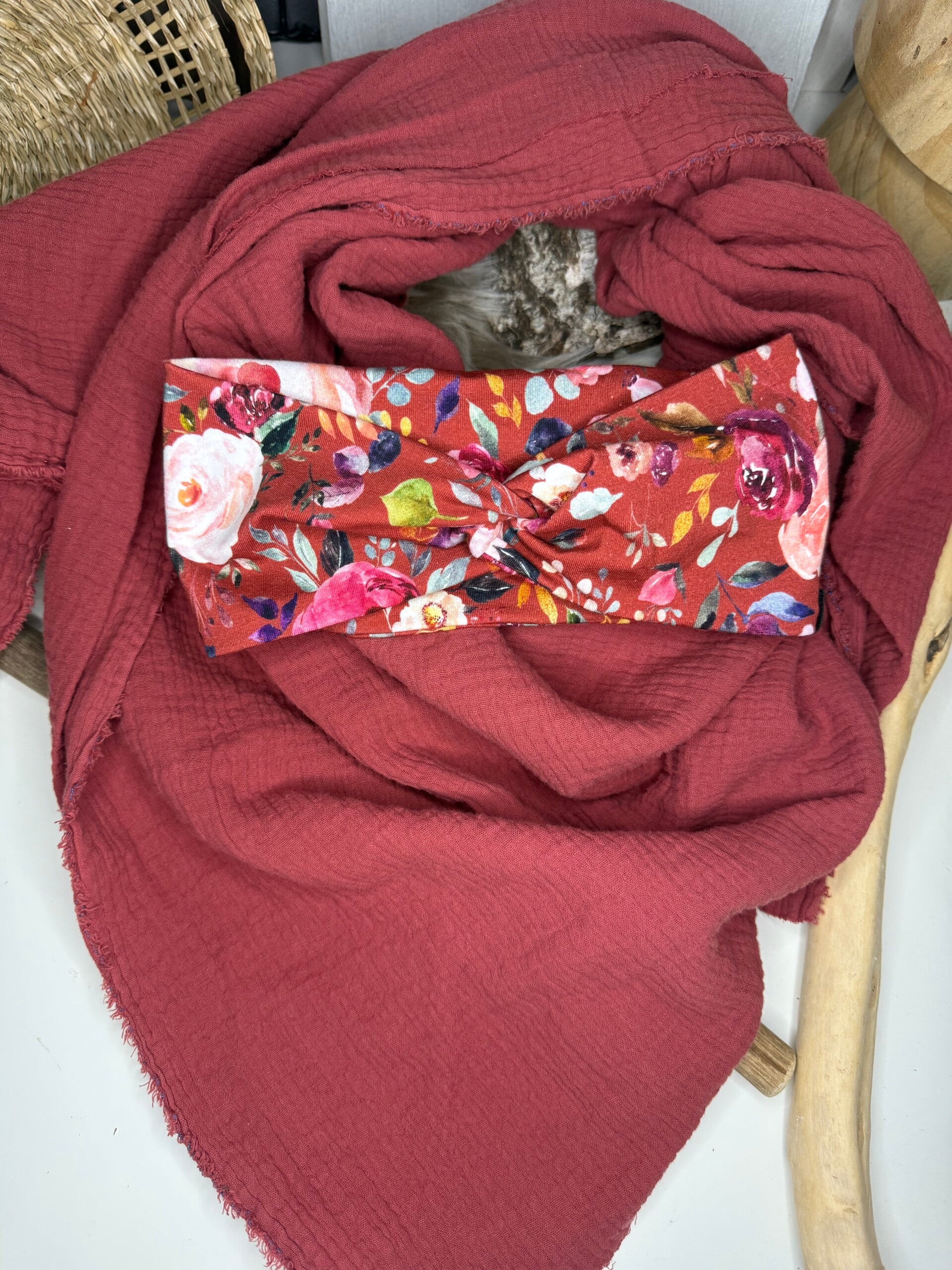 XL Musselin Tuch in Rost mit passendem Haarband