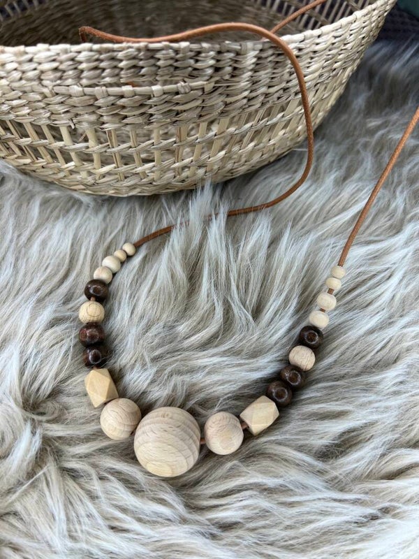 Kette Holzperlen Lederschnur