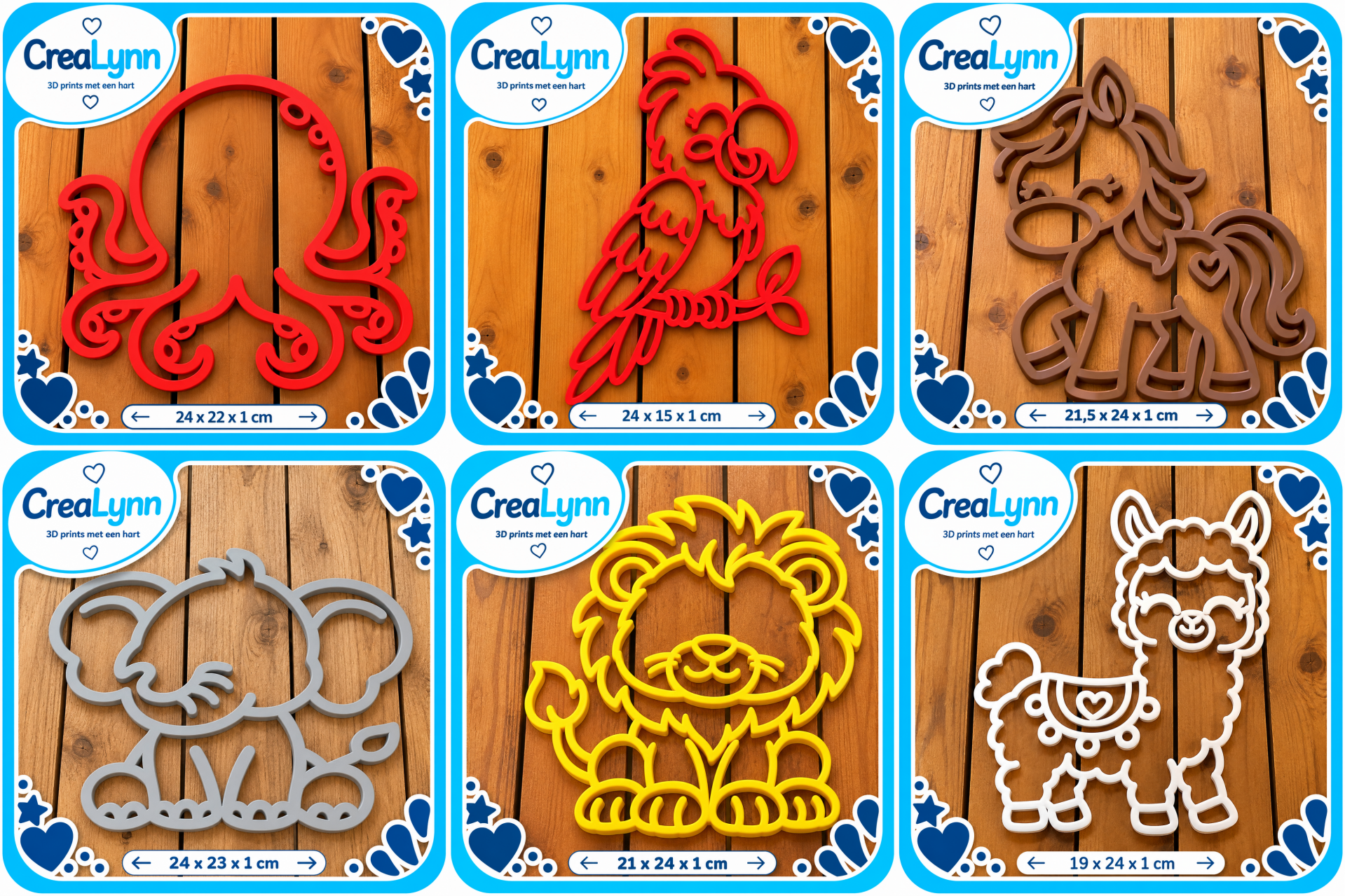 Digitale content - Muurdecoratie (lama, leeuw, octopus, olifant, paard en papegaai)