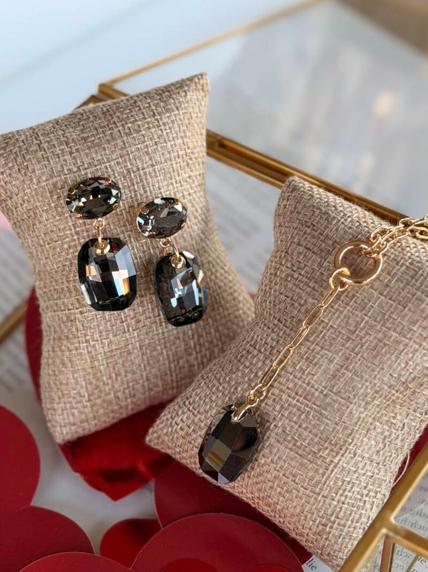 Oorbel en ketting antraciet set