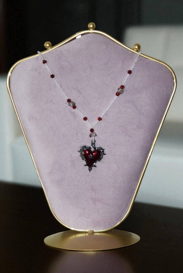 Collier 40 cm + extension 'Coeur sacré de Jésus' composé de perles de rocaille et cristal, en acier inoxydable