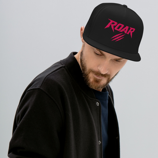Trucker Cap Schwarz / Schwarz mit besticktem 3D Logo in Flamingo