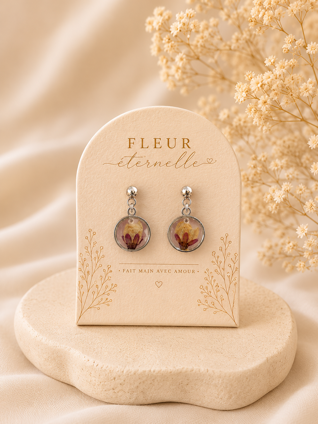 🌼 Boucles d’oreilles – Immortelle & fleurs séchées 🌼