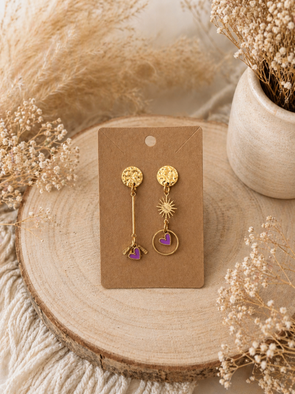 🌟 Boucles d’oreilles Soleil & Cœur violet