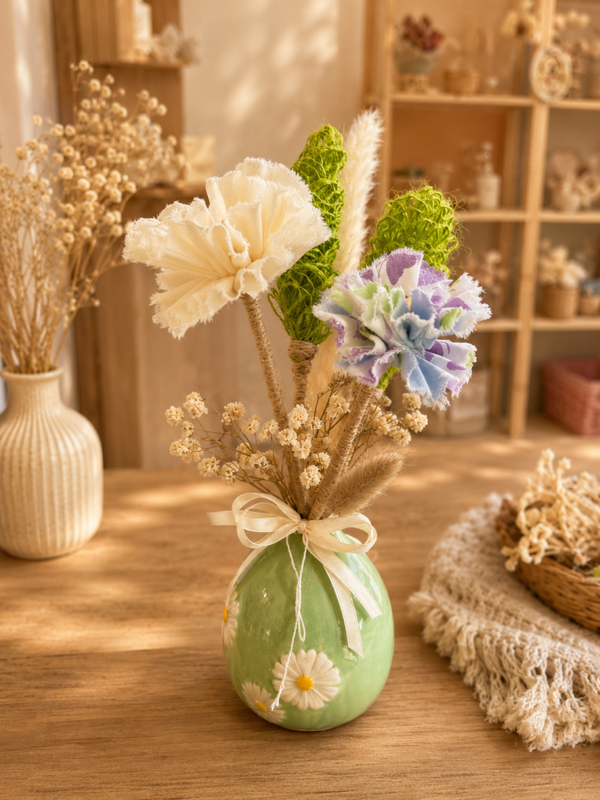 🌼 Composition Florale Artisanale – Vase Vert Marguerites 🌼