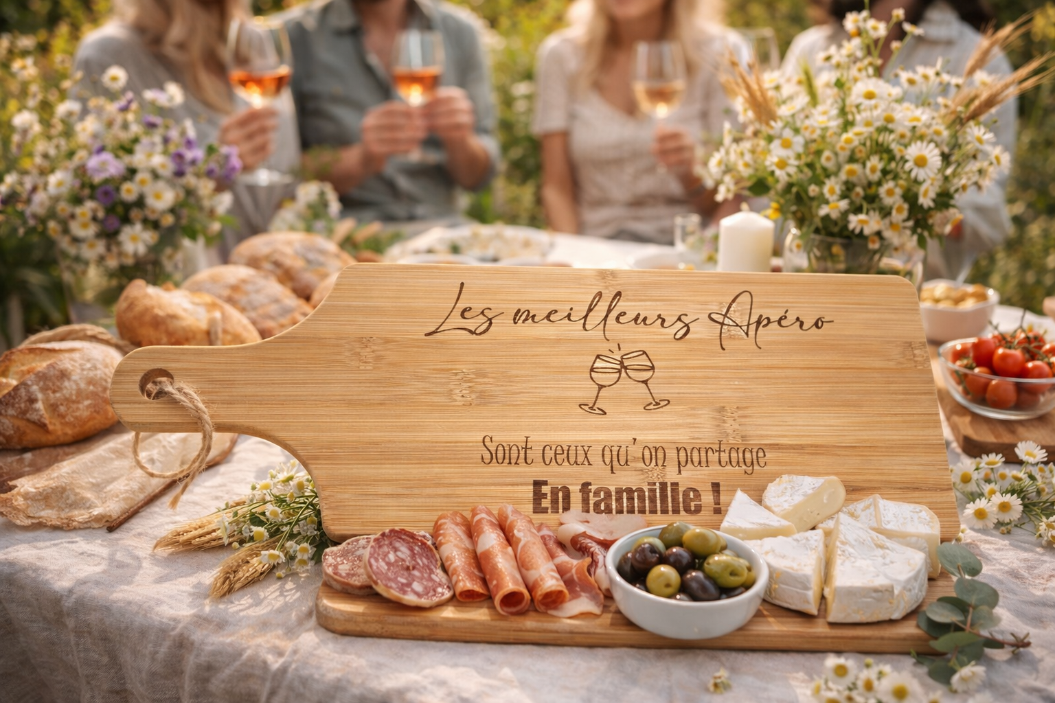 Planche apéro gravée – “Les meilleurs apéros sont ceux qu’on partage en famille !”