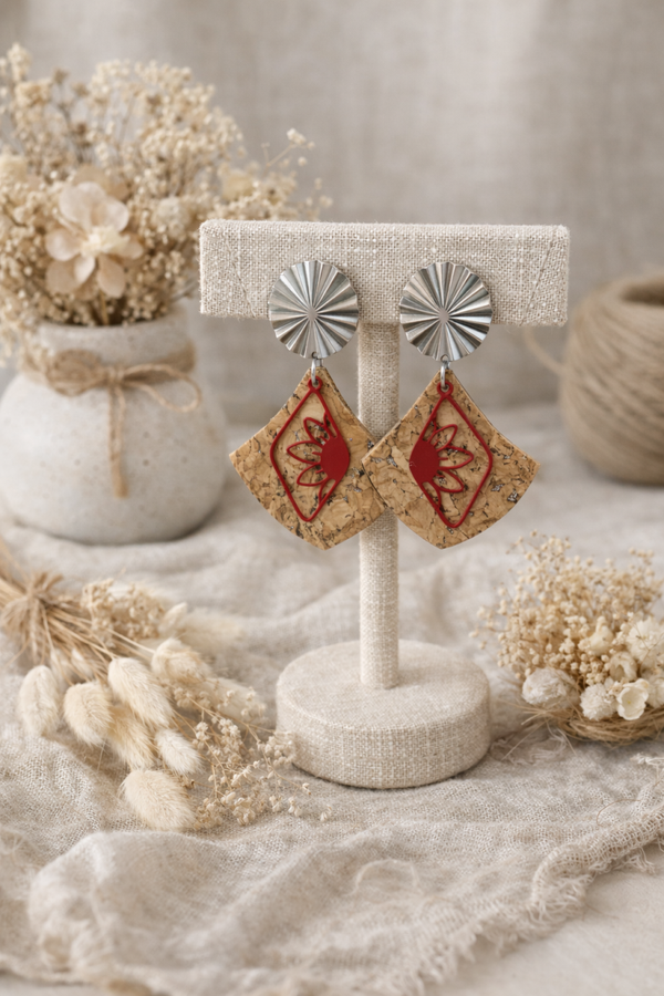 Boucles d’oreilles graphiques liège & rouge