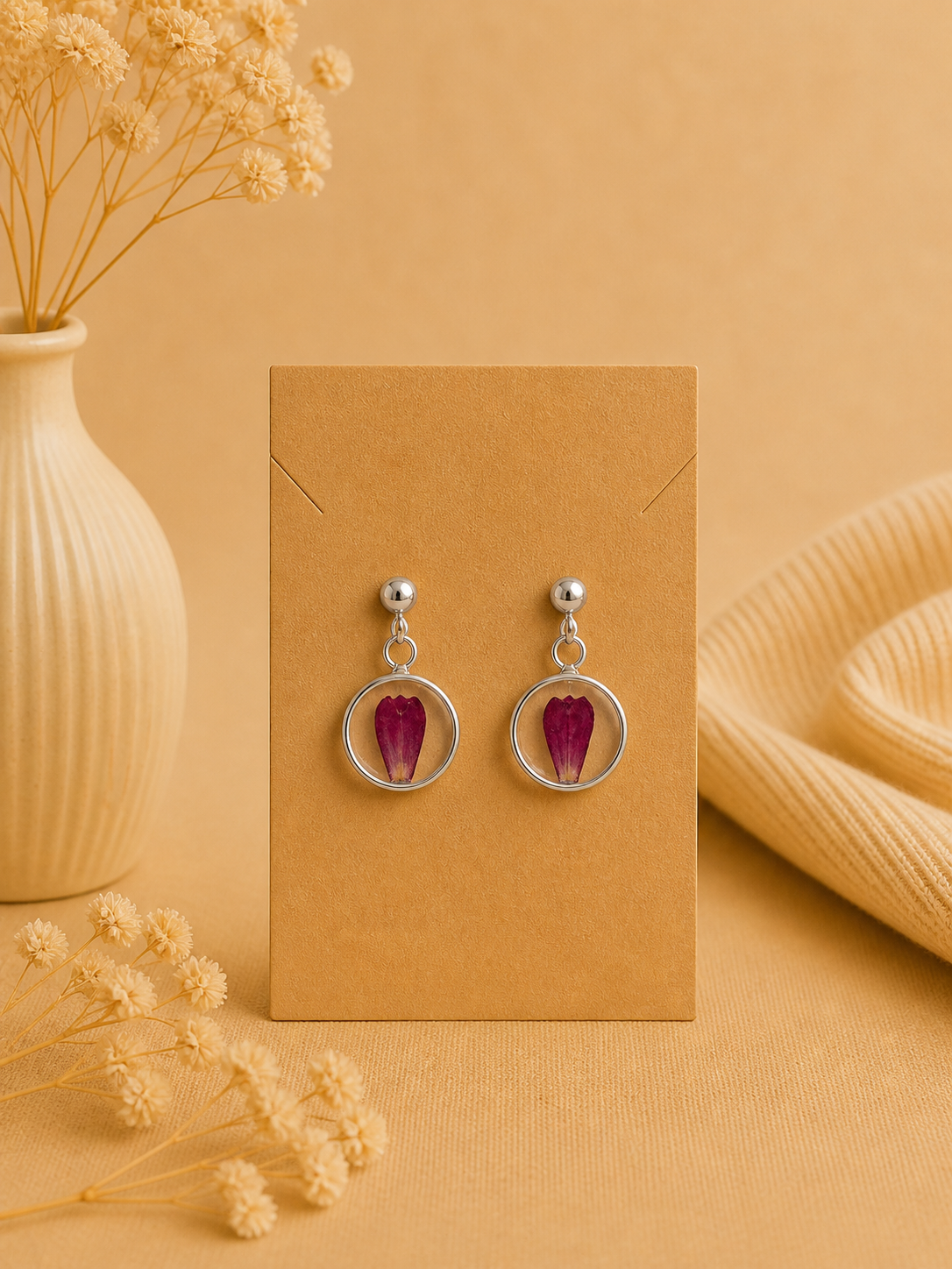 Boucles d’oreilles rondes – Pétales naturels séchés