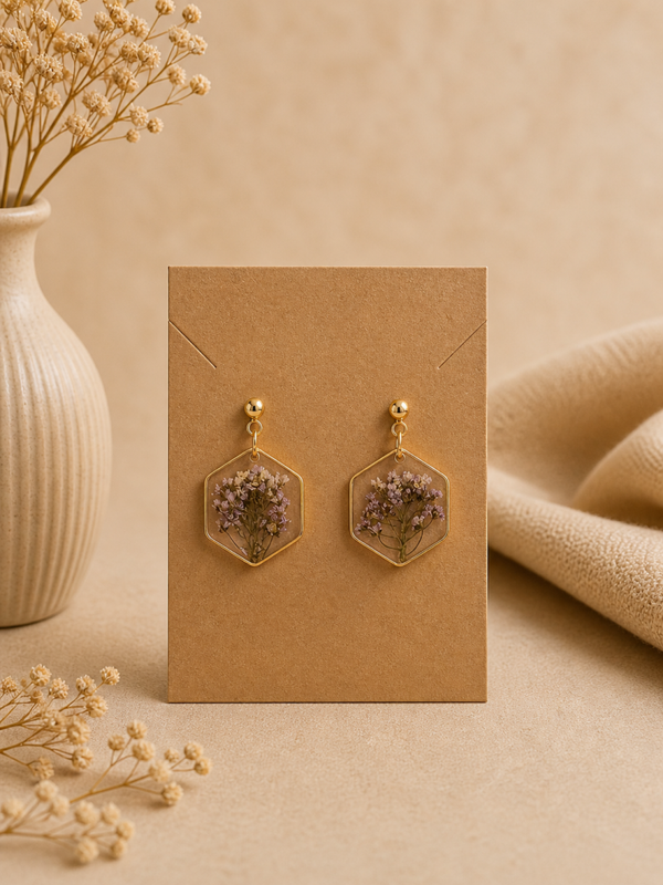Boucles d’oreilles hexagonales – Fleurs naturelles séchées