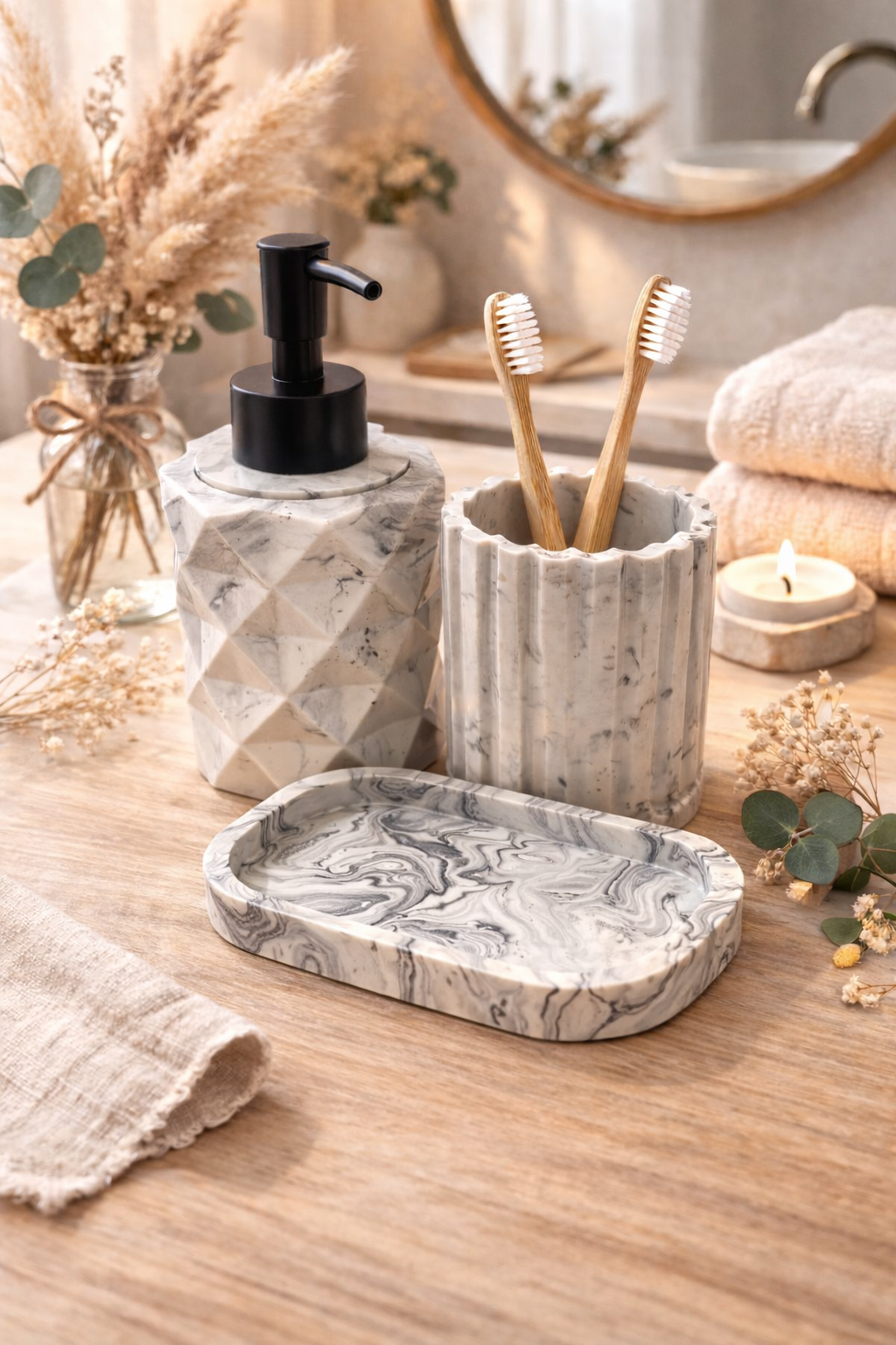 Set de salle de bain en Jesmonite – Gris marbré