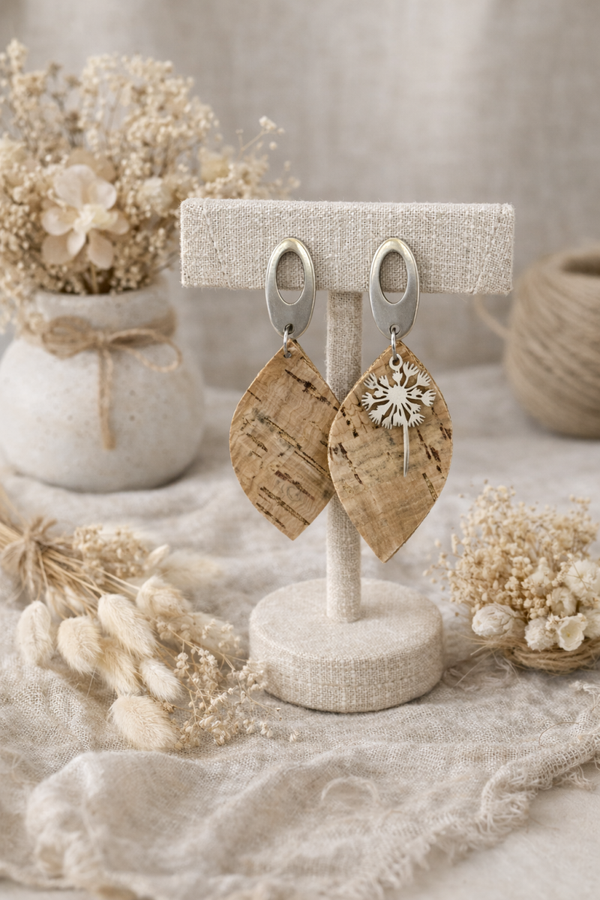 Boucles d’oreilles feuille en liège & acier inoxydable