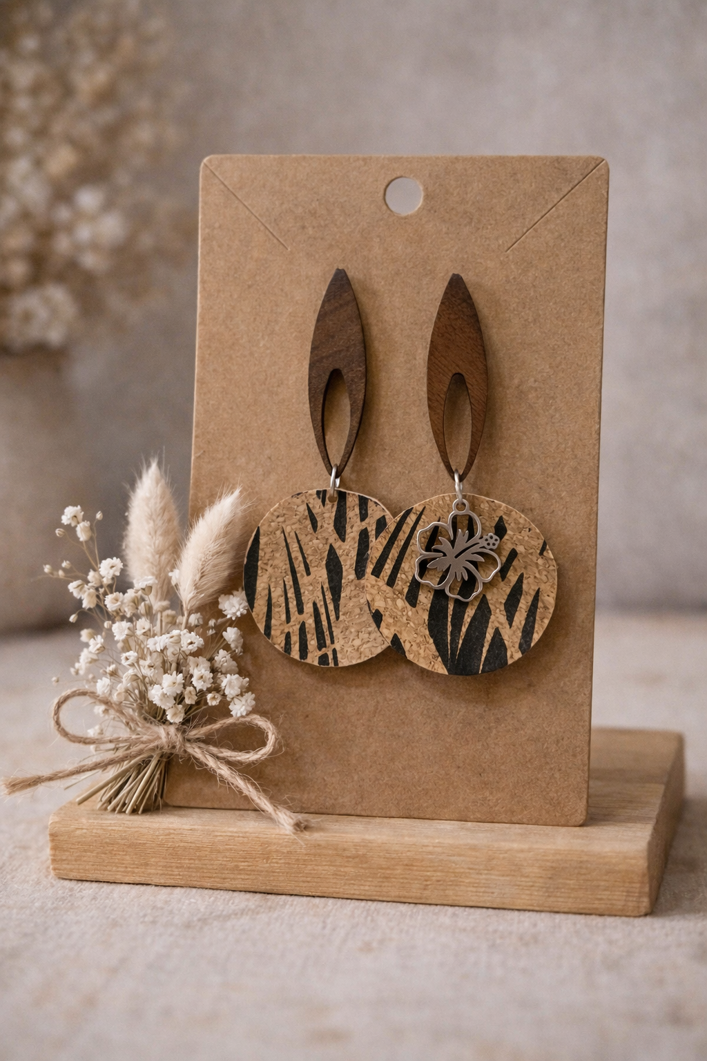 ✨ Boucles d’oreilles artisanales en liège – motif végétal ✨