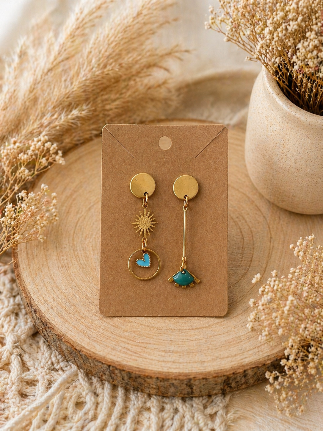 🌞 Boucles d’oreilles Soleil & Cœur bleu