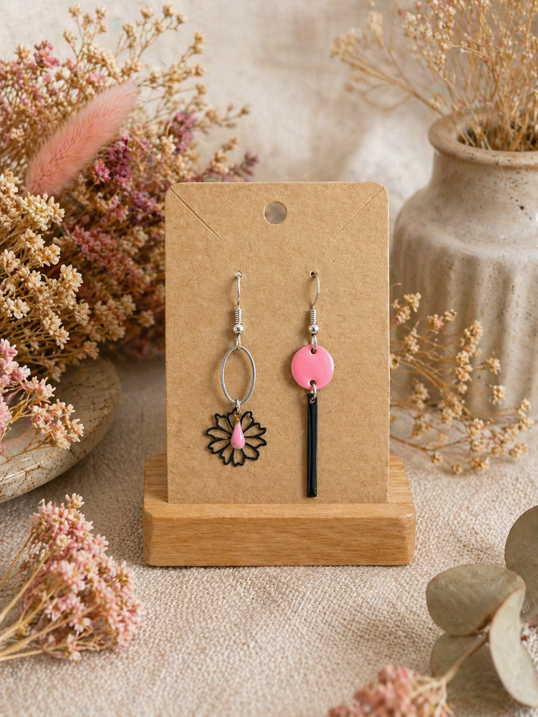 oucles d’oreilles asymétriques – Argenté, Noir & Rose