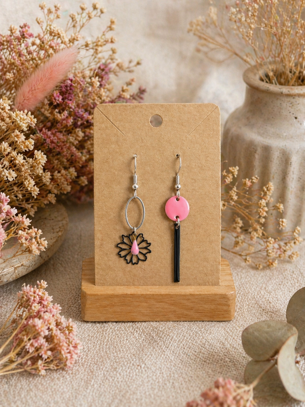 oucles d’oreilles asymétriques – Argenté, Noir & Rose