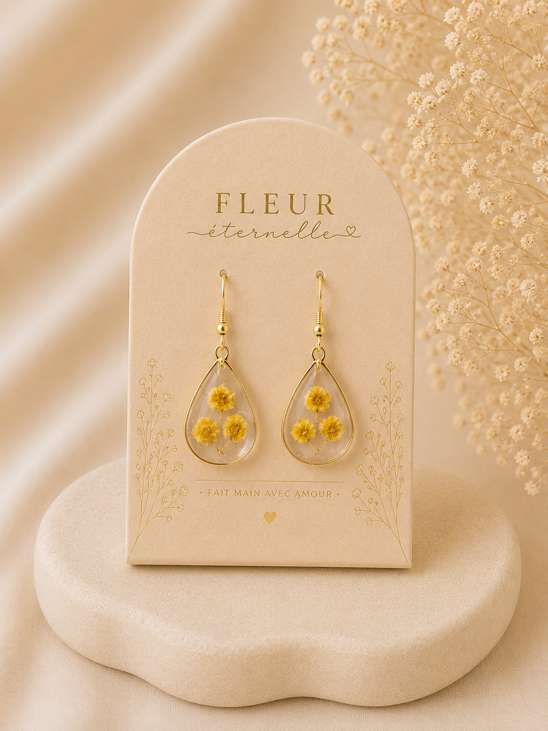 ✨ Boucles d’oreilles “Fleur Éternelle” – Acroclinium jaune ✨