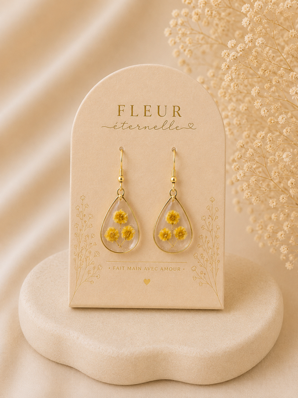 ✨ Boucles d’oreilles “Fleur Éternelle” – Acroclinium jaune ✨