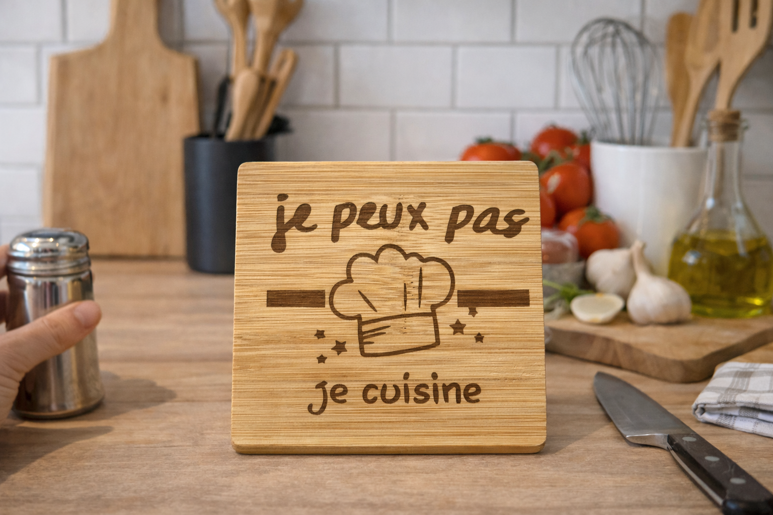 Dessous de verre en bois – “Je peux pas, je cuisine