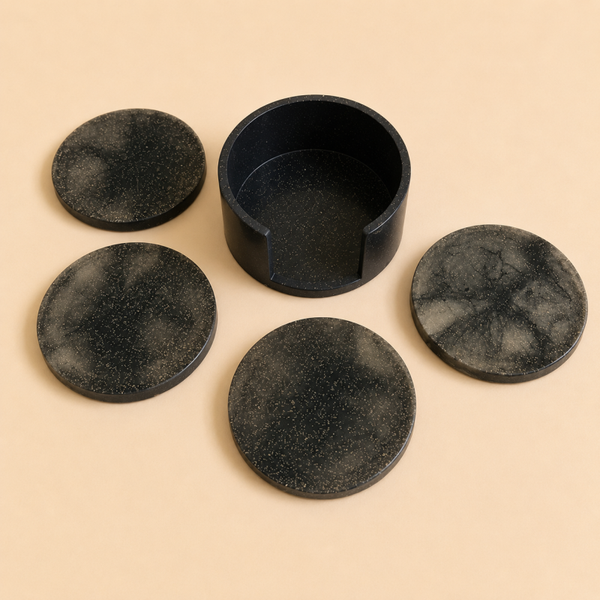 Epoxy onderzetters set met houder – zwart glitter marmer