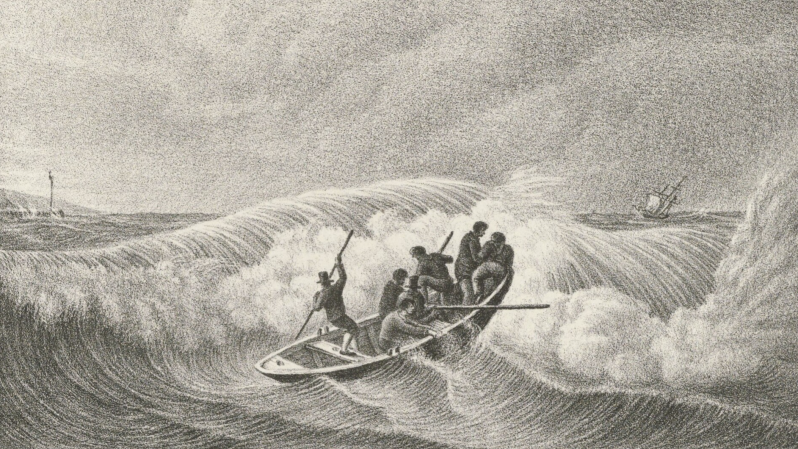 Schipbreuk bij Huisduinen in oktober 1824, waarbij ook zes lokale reddingswerkers zijn verdronken.