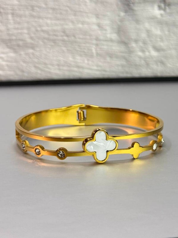 Single white Mira lucky 4 leaf gold clover Bangle