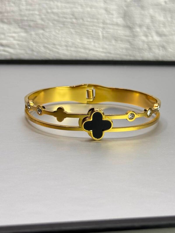 Single black Mira Lucky 4 leaf gold clover Bangle