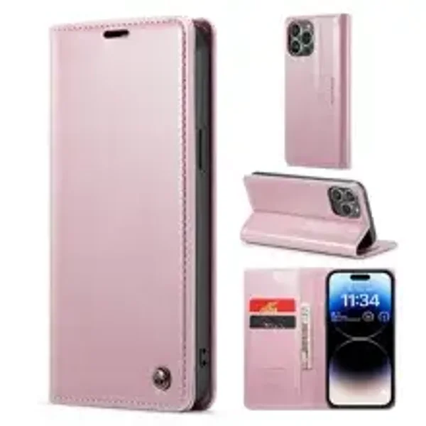 CASEME 003 Series PU Leather Phone Case For iPhone 14 Pro Max, Shockproof Retro Waxy Texture Magnetic Closure Phone Cover Stand Wallet - Pink