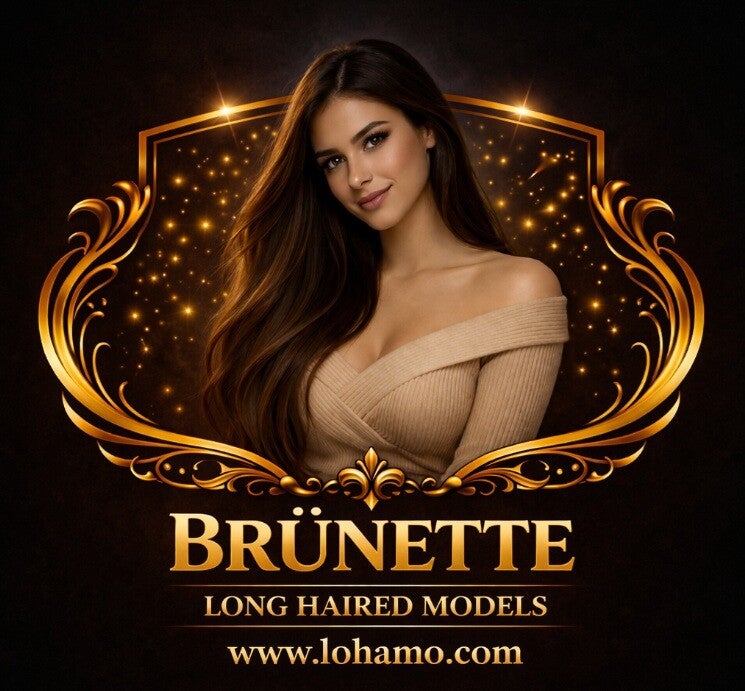 Wunderschönes brünettes Model mit langen Haaren vor dunklem Hintergrund – elegante langhaarige Models auf Lohamo