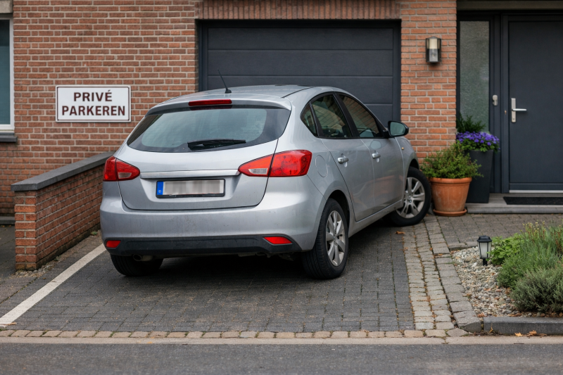 Auto fout geparkeerd op oprit met bord "privé parkeren"