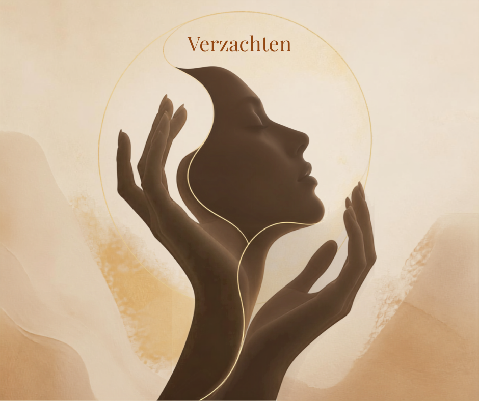 Rustige silhouet waar gezicht en handen samensmelten. Tekst: Verzachten.