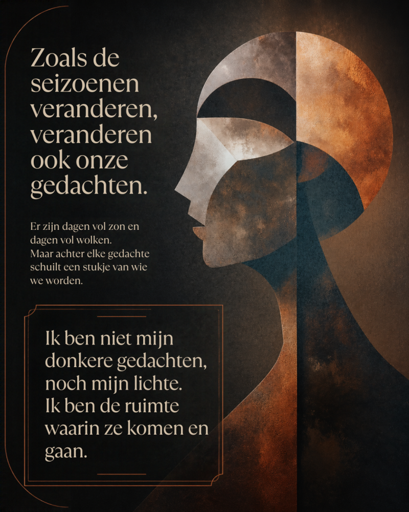 Een canvas van een silhouet van een hoofd in bruine tinten. Zoals de seizoenen veranderen, veranderen ook onze gedachten.