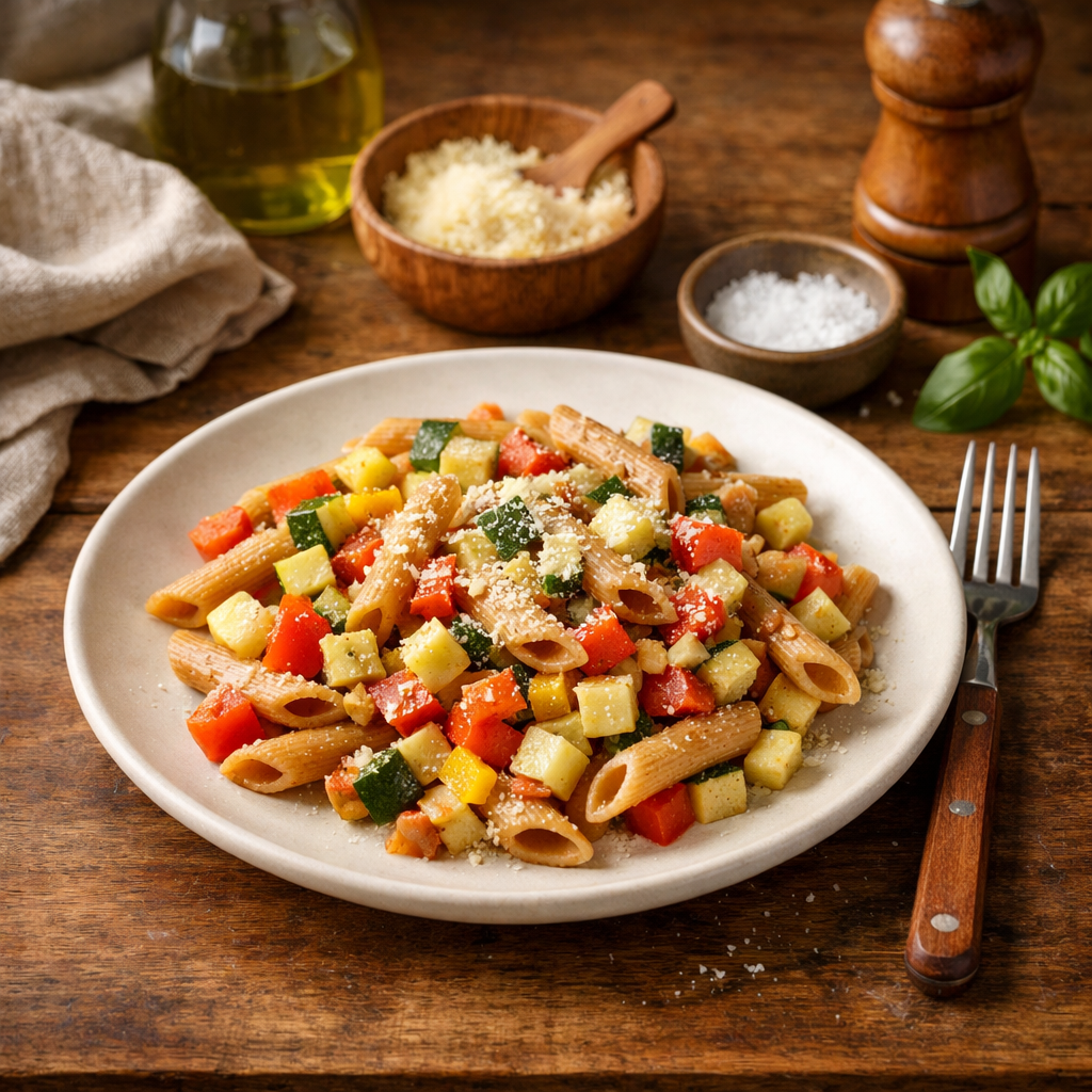 Bord met volkoren pasta met kleurrijke groenten op een houten tafel.