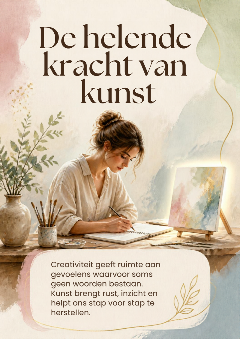 Zachte artistieke afbeelding die de helende kracht van kunst uitbeeldt als een weg naar herstel, rust, creativiteit en persoonlijke groei.
