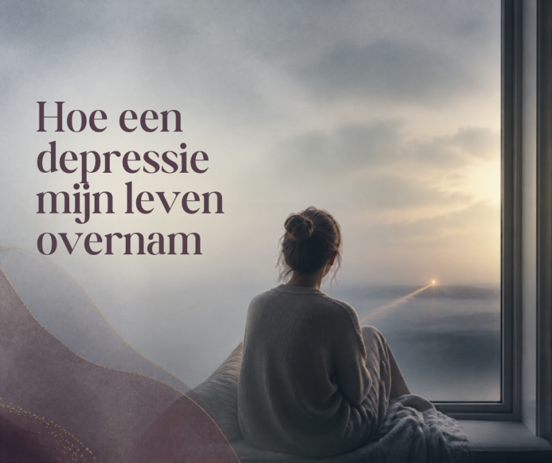 Coverafbeelding bij de column "Hoe een depressie mijn leven overnam", met een persoon aan een raam en een lichtpunt aan de horizon dat hoop en herstel symboliseert.